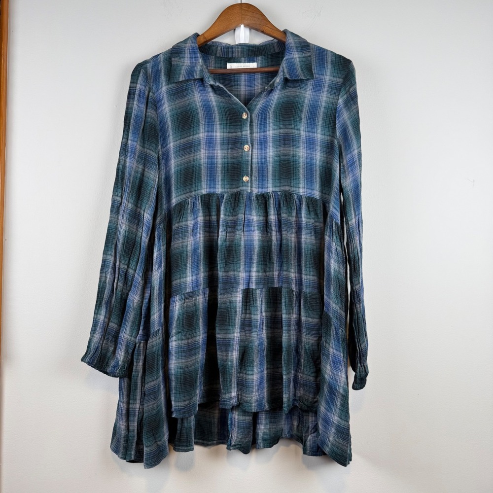 Lucky Brand Plaid Tunic Women L Blue Green Tiered Babydoll Boho Flowy Peasant